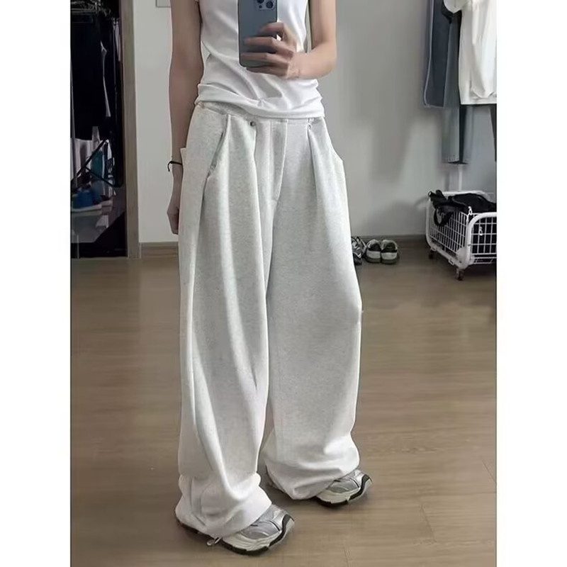 Gray Casual Pants with Drape, Men's Autumn and Winter Loose Floor-Length Wide-Leg Pants, Stylish Straight-Leg Casual Long Pants