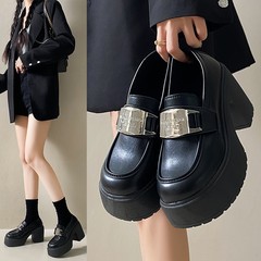 高跟樂福鞋女2024春季新款英倫風粗跟厚底防滑一腳蹬黑色小皮鞋潮