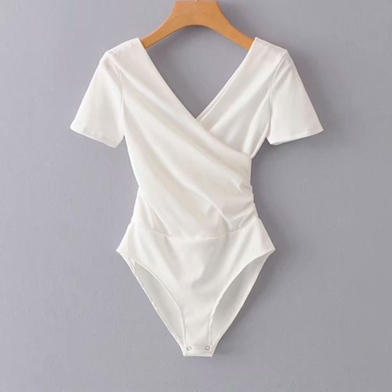 Thai Cross Collar Jumpsuit Women's Top Bottoming Shirt Summer Slim Sexy Sexy Discreet Backless Short-Sleeved t