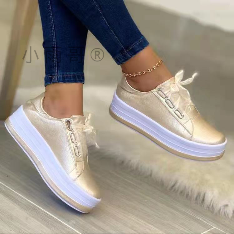 Cross-border foreign trade thick-soled single-layer shoes women's European and American solid color round toe lace-up board shoes plus size flat sneaker wish supply