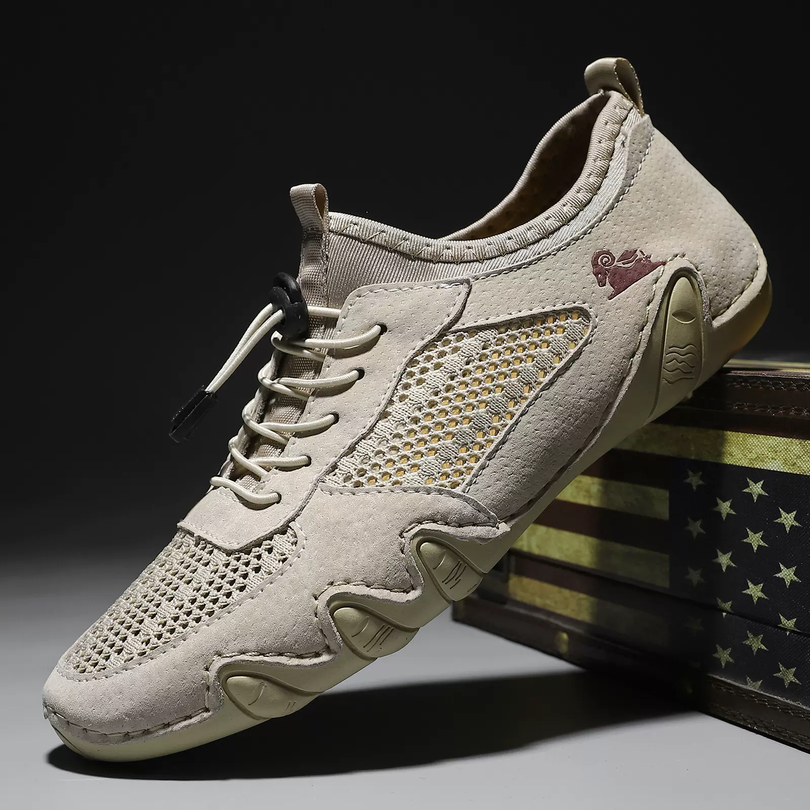 跨境爆款夏季男士休闲运动鞋大码缝制真皮网面鞋八爪鱼男鞋懒人鞋