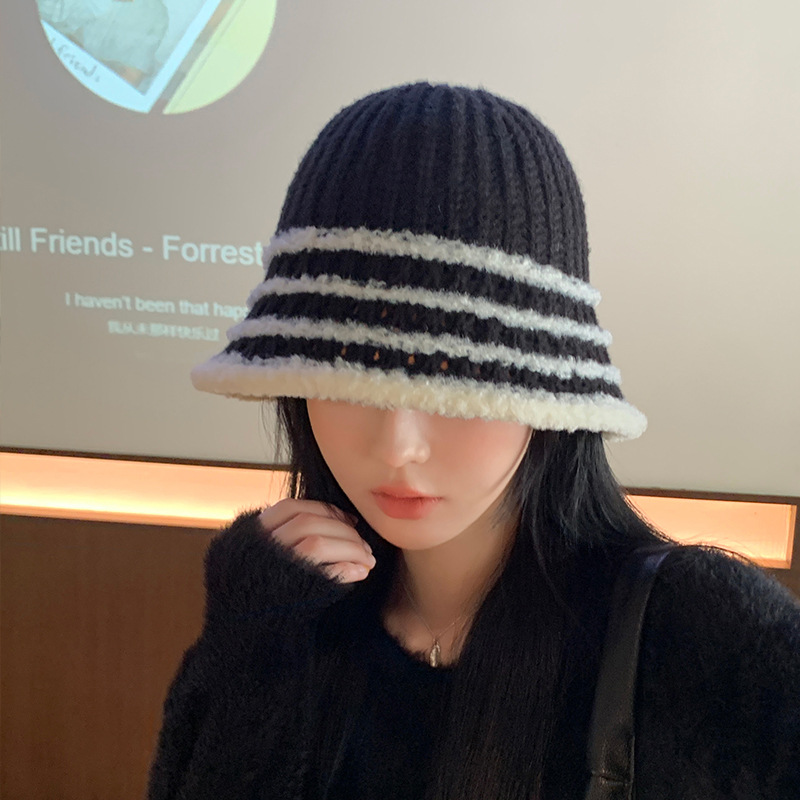 Autunno e inverno nuovo cappello coreano a righe lavorato a maglia con viso piccolo a secchiello per esterni in lana lavorata a maglia calda e alla moda_voghion.com