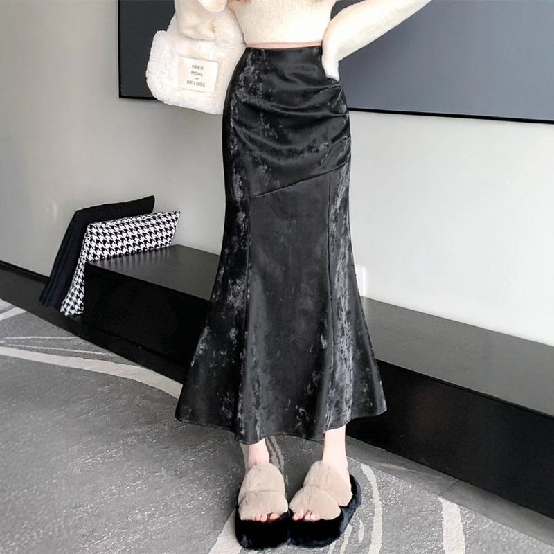 新中式黑色长款皮丝绒半身裙女秋季2025新款国风包臀鱼尾长裙子|undefined