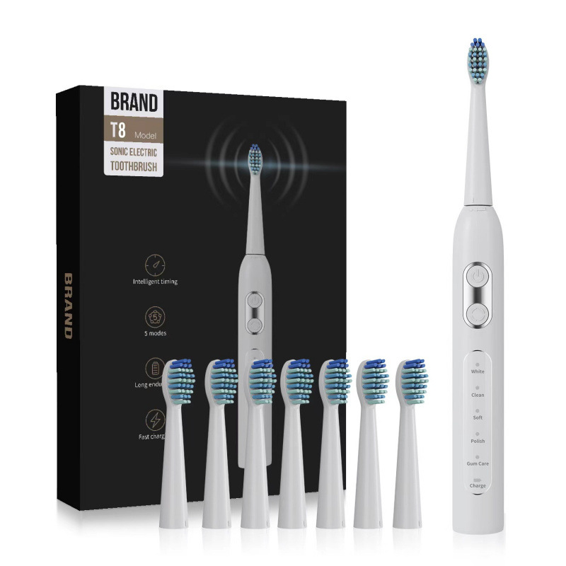 T8 Sonic Electric Toothbrush 8 Brush Heads Adult Couple Rechargeable Electric Toothbrush Cross-Border Foreign Trade Wholesale
