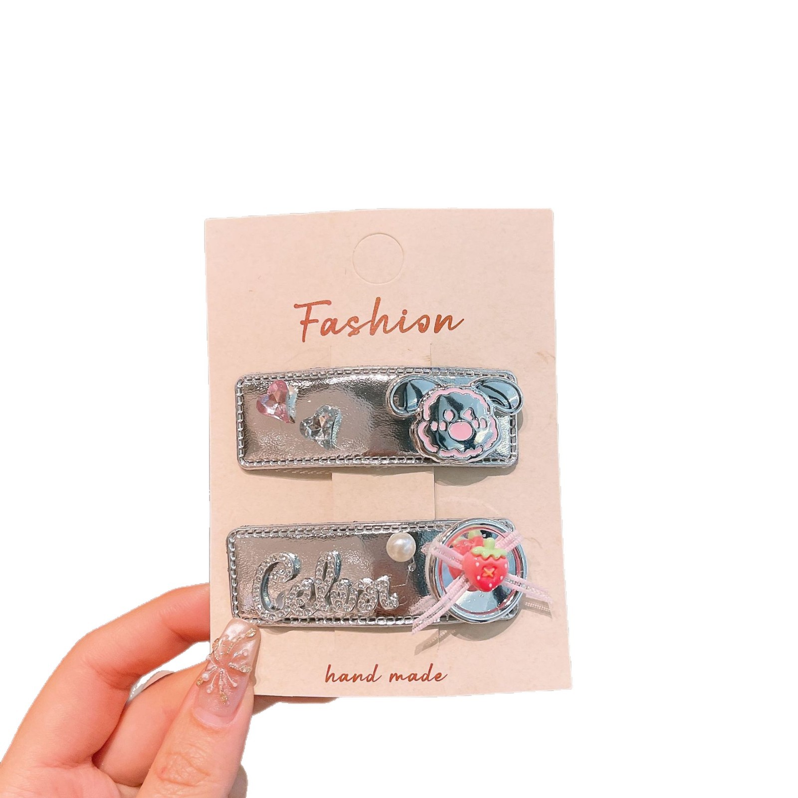 Clips de cabello plateado dulce y fresco lado de cabello roto clips bang clip de metal clip de boca de pato chica caliente tarjeta de cabello de niña tocado de dibujos animados