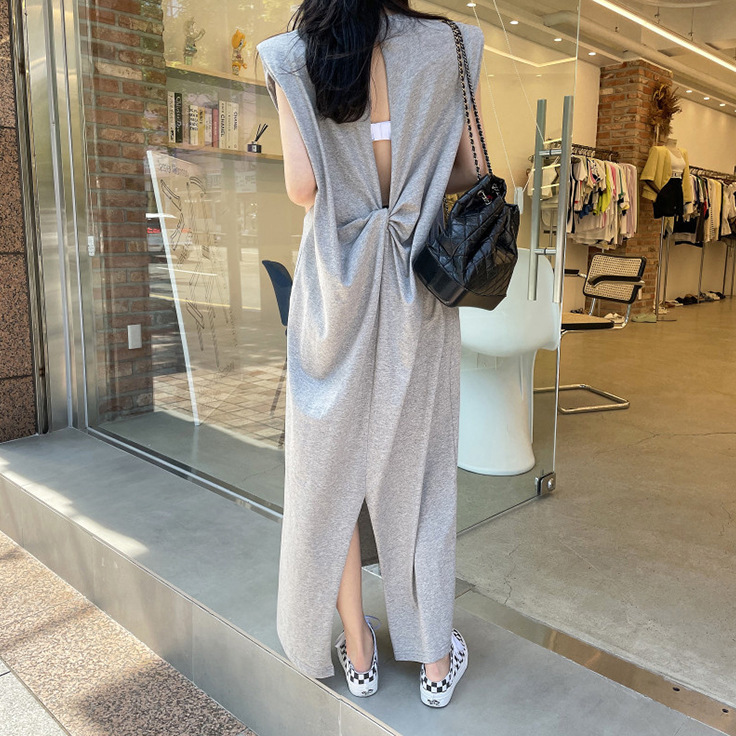 Korean Chic Summer Niche Round Neck Back Twist Cut Out Back Shoulder Pad Sleeveless Slit Vest Dress for Women Korean Chic Summer Niche Round Neck Back Twist Cut Out Back Shoulder Pad Sleeveless Slit Vest Dress for Women