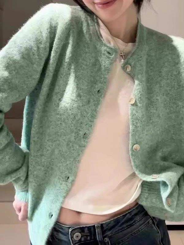 法式气质薄荷绿卷边针织开衫毛衣外套女春秋软糯绿色上衣早秋外搭|undefined