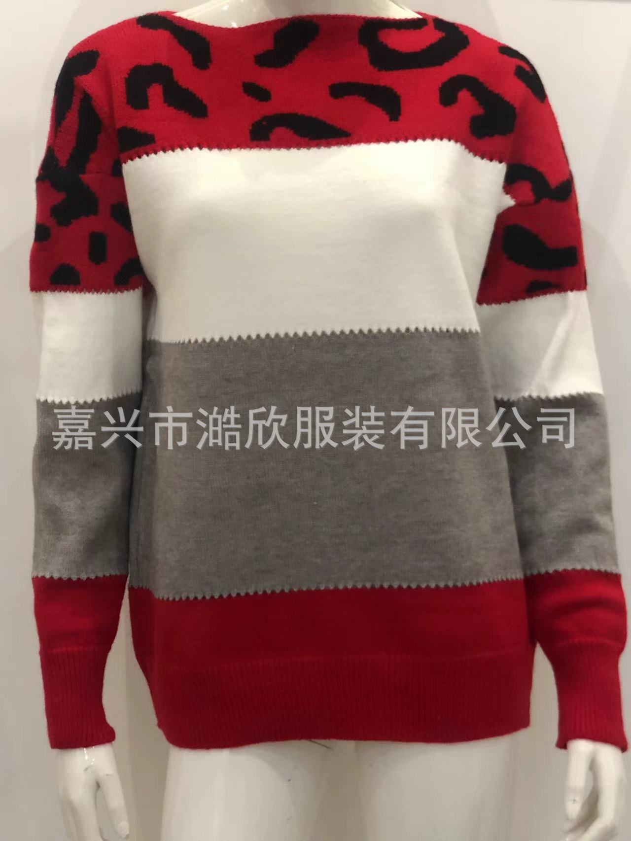 跨境欧美新款针织衫女2022秋冬豹纹套头拼色一字领女式毛衣打底衫 pic 10