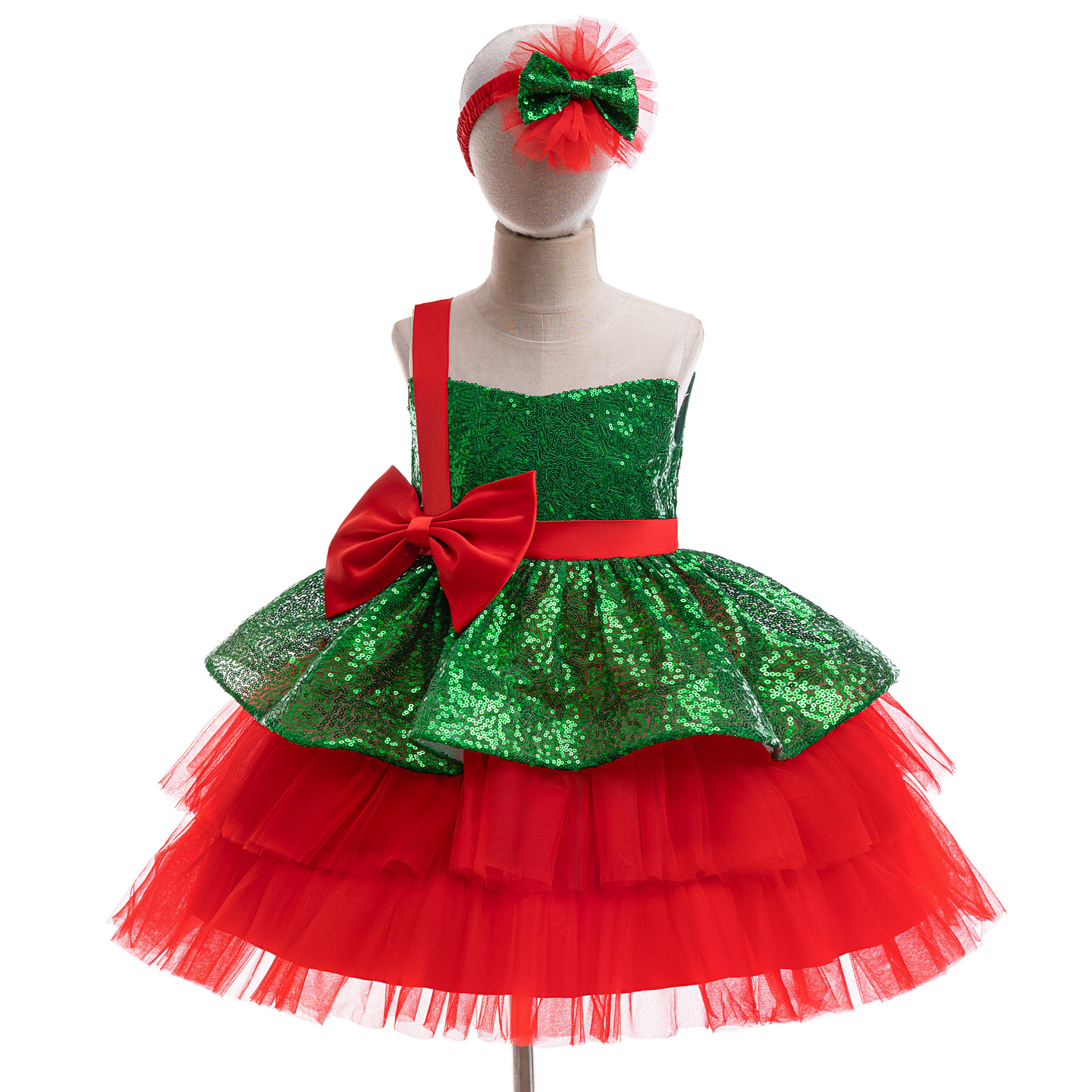 Amazon vestido de Navidad de sequillas rojo y verde COS Santa Claus Snowflake vestido de princesa de malla de niña