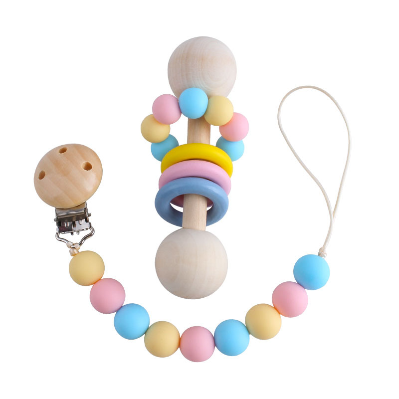 Creativo nuevo juguete de madera los niños mordedor bebé ejercicio interactivo agarre sonajero chupete silicona cadena traje