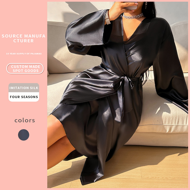 跨境薄感高级感女士简约休闲中长款系带睡袍女居家服春夏冰丝睡衣