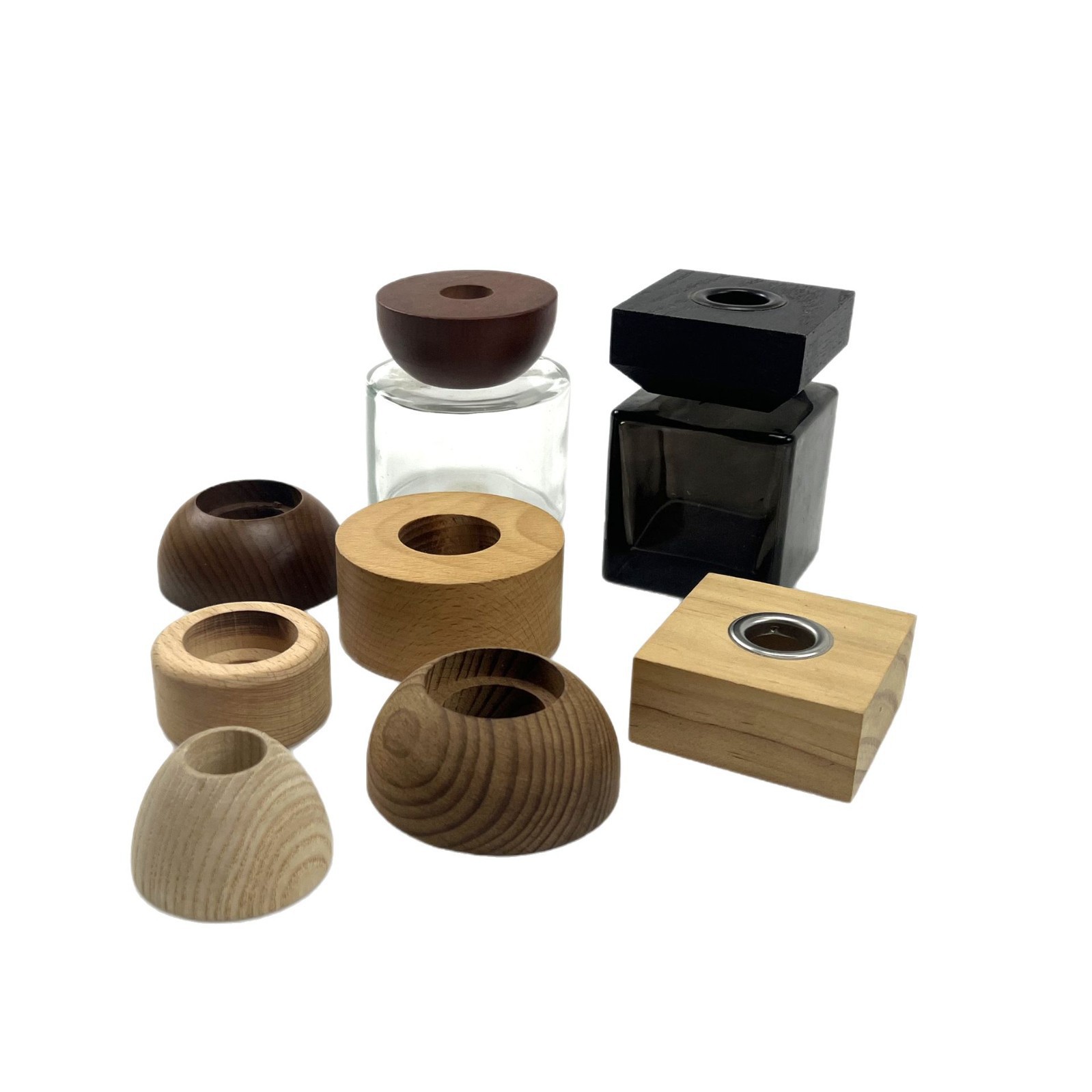 Tapa de perfume de madera maciza, tapa esférica hueca irregular, difusor de incienso sin llama, tapa de botella de 28 y 20 hilos, botella de vidrio, madera.
