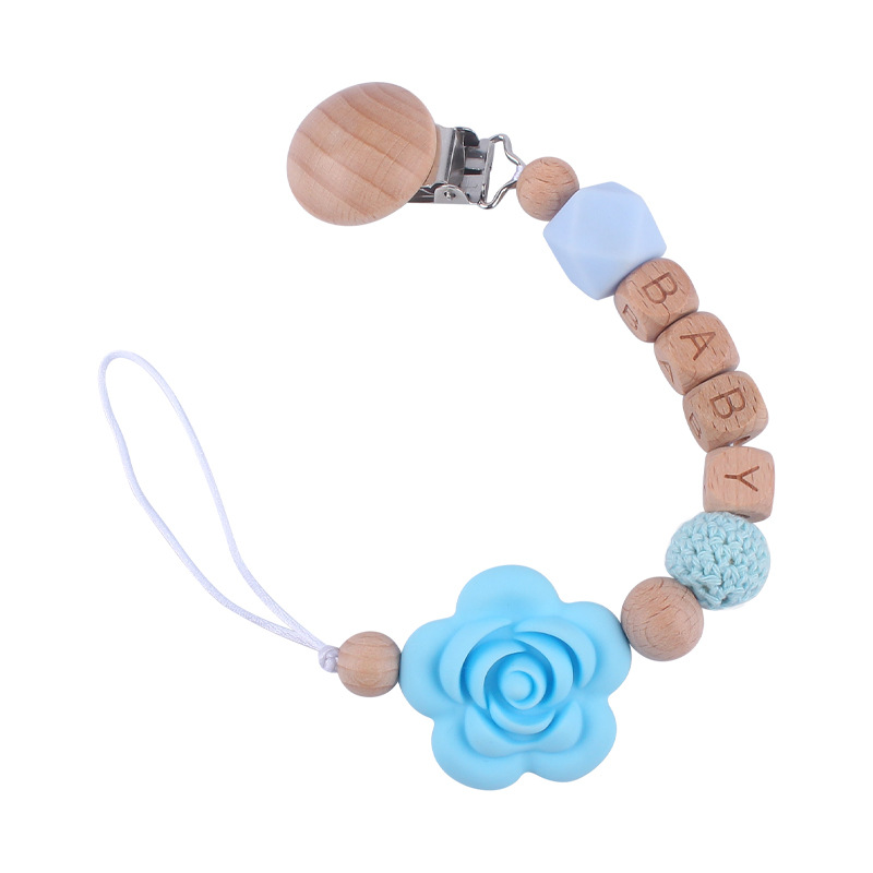 Nuevos suministros para bebés Beech chupete clip calmante bebé DIY Nombre de dibujos animados Rosa chupete cadena anti-gota cadena