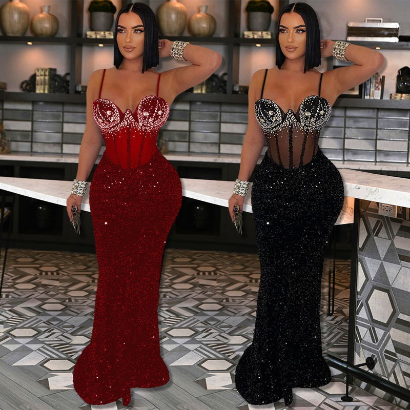 CY901592 European and American Velvet Sequins Party Dress dress Hot Drilling Sling dress Hip Dress Women CY901592 European and American Velvet Sequins Party Dress dress Hot Drilling Sling dress Hip Dress Women