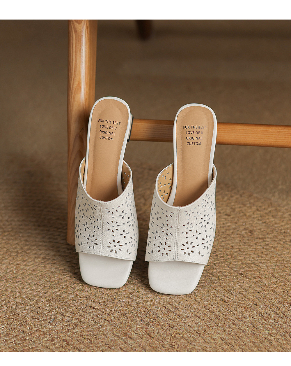 Sandal cao gót nữ hở mũi quai ngang da bò đục lỗ, gót 5 cm — đen chi tiết 14