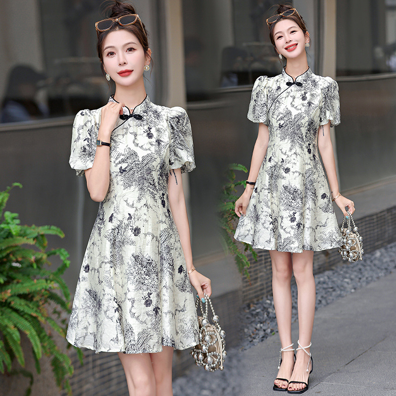 Ink Painting Cheongsam Slimming Dress 2024 Summer New Arrival Buckle Elegant G Style Dress