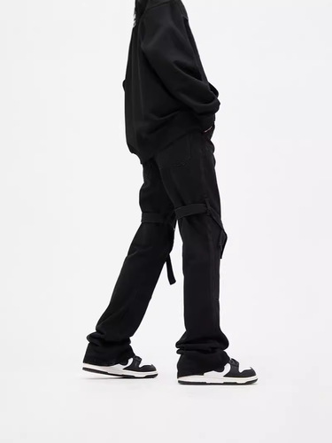 Vintage American-style high-street lace-up micro-waist straight-leg jeans for men and women, four-season black casual pants