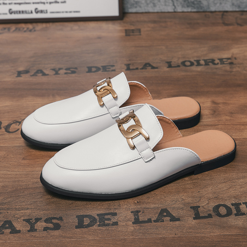 2025 bolsas de verano zapatos mueller de cabeza perezosa de hebilla metálica mitad zapatillas de hombre verano sin tacones zapatos de hombre