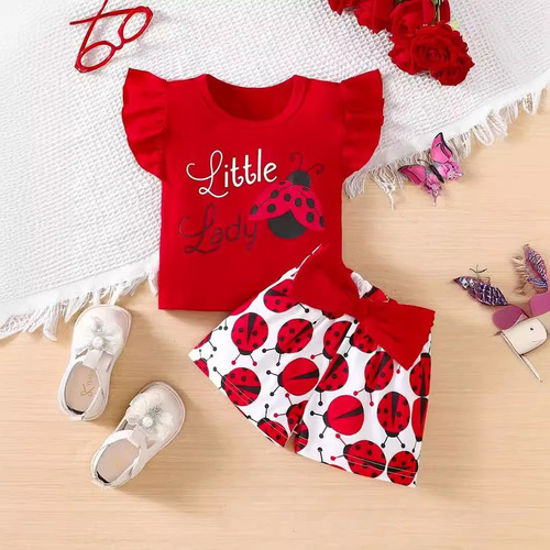 Baby Girl Summer Top English Print Shorts Insect Full Print Newborn Sleeveless Set Children's Clothing