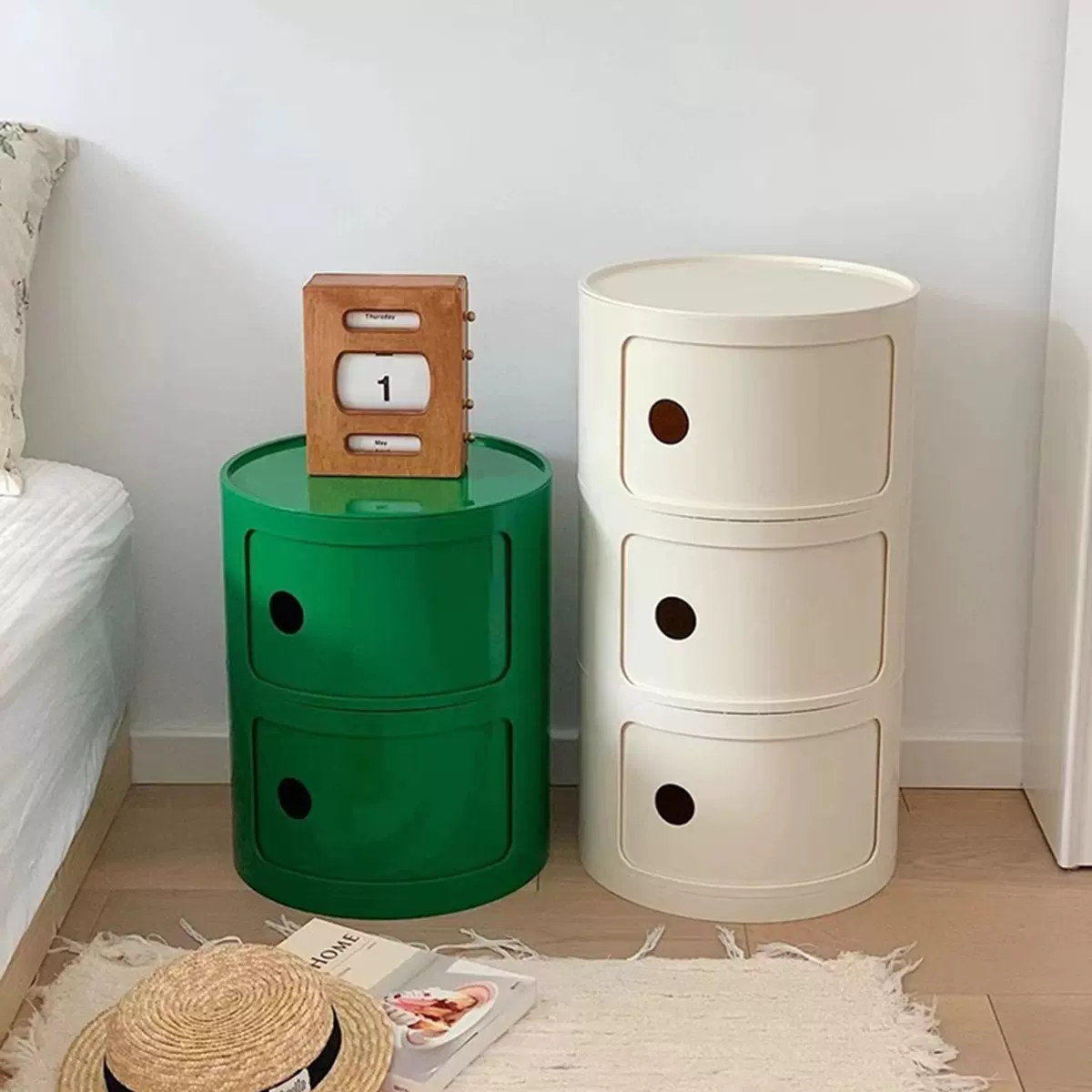 奶油风创意模块床头柜圆形收纳床边小柜子儿童卧室简易储物窄边柜