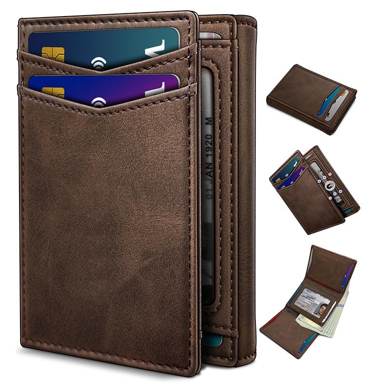 Amazon RFID antirrobo cepillo de cuero cartera delgada multi-tarjeta bolso de tarjeta de hombre tres por ciento cartera de negocios para hombres