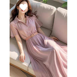 2025新款夏季今年流行的简单大方高级感紫色雪纺连衣裙子女装长裙