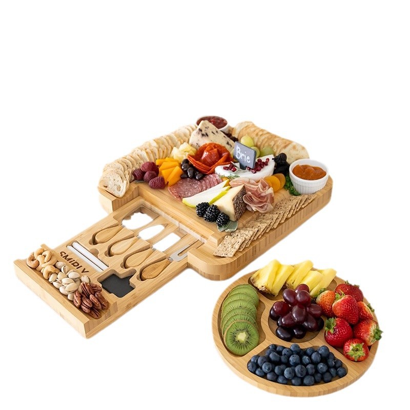 Plato de queso personalizado conjunto de plato de queso de bambú y madera fiesta bandeja fábrica al por mayor tablero de corte tablero multifuncional