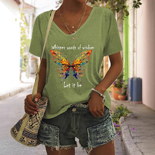Whisper Words of Wisdom Let It Be Butterfly Print European and American Casual V Neck Women's T-Shirt