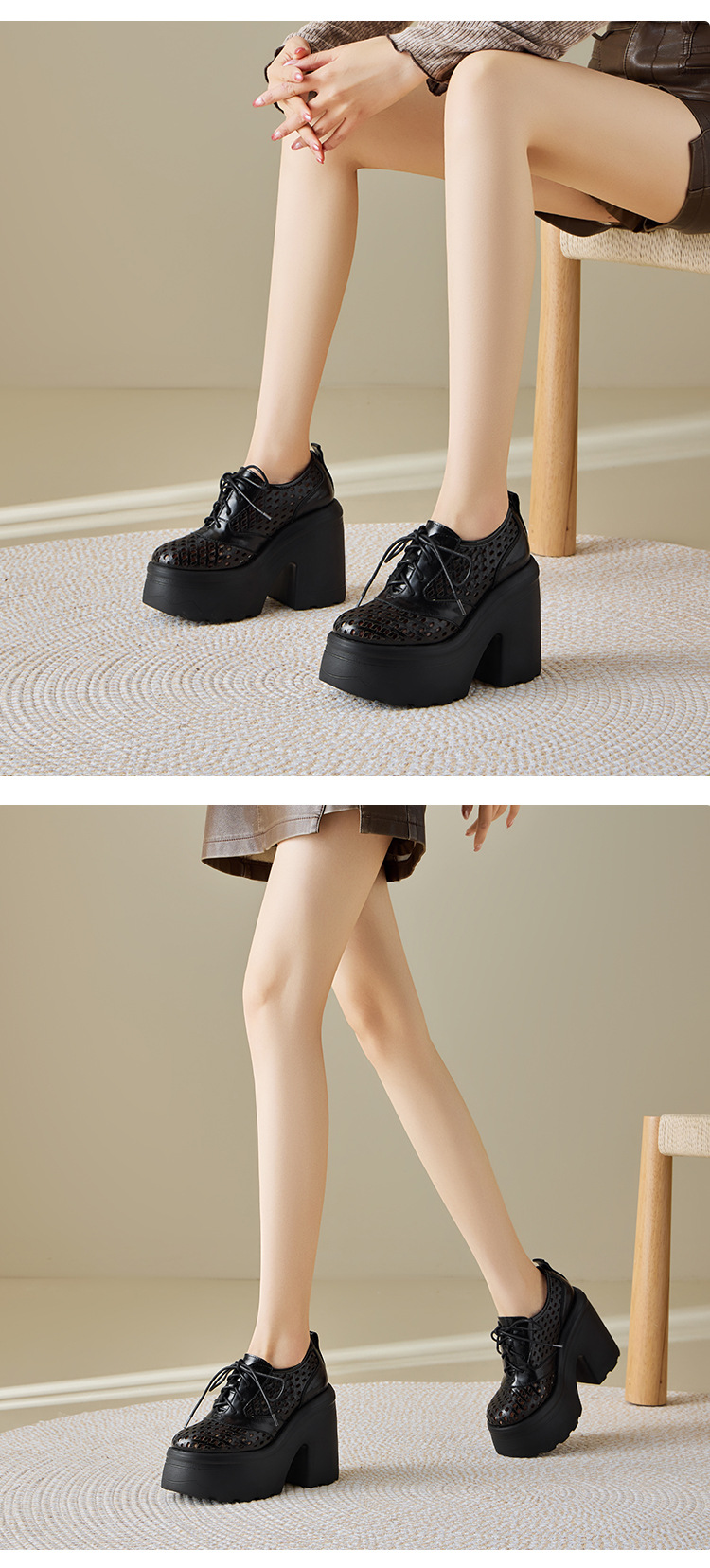 Giày cao gót nữ phong cách Anh quốc, gót vuông 12 cm, mũi hở, thoáng khí — màu đen chi tiết 3