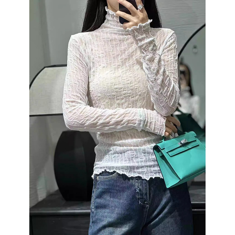 蕾丝高领打底衫女秋冬网红爗款内搭洋气薄款微透t恤欧货透视上衣