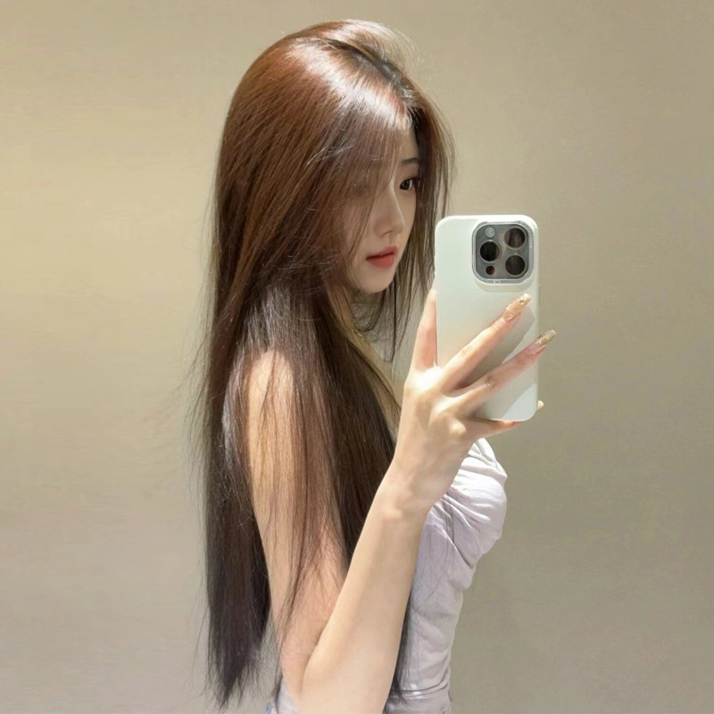 Factory direct brown middle points without bangs long straight hair high temperature chemical fiber mechanism wig full head cover in stock wholesale Factory direct brown middle points without bangs long straight hair high temperature chemical fiber mechanism wig full head cover in stock wholesale
