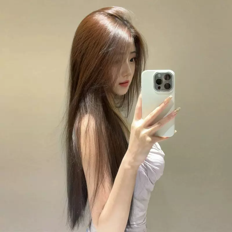 工厂直销棕色中分无刘海长直发高温化纤丝机制假发全头套现货批发