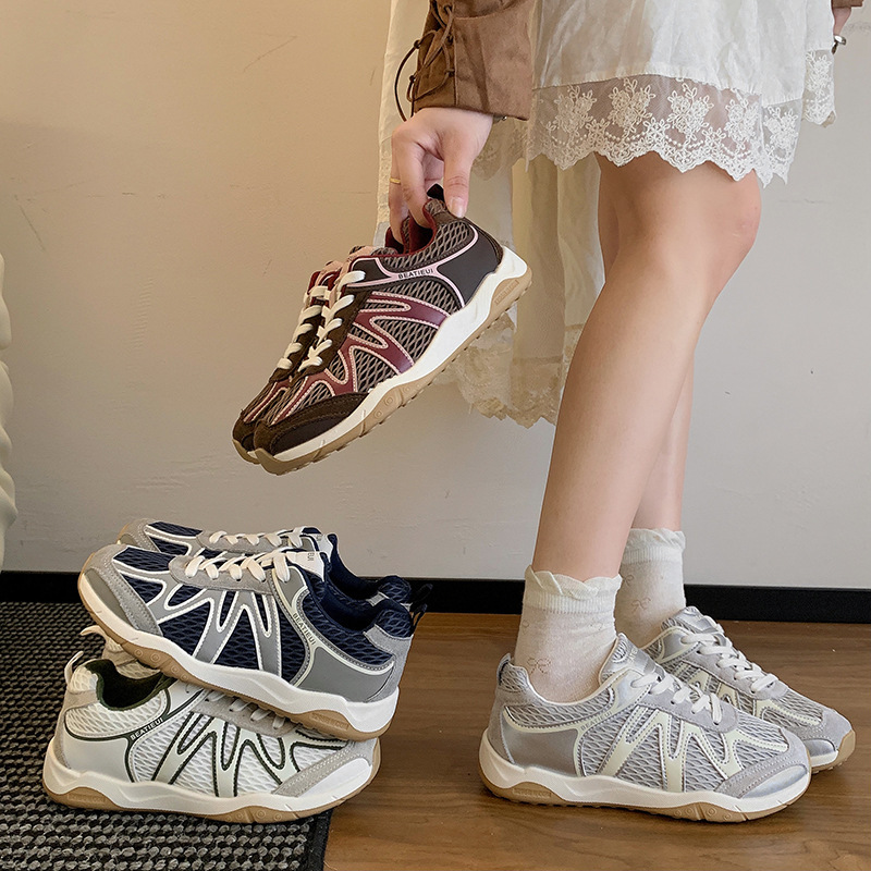 复古软皮厚底阿甘鞋女2025夏季新款网面透气运动鞋轻便休闲德训鞋|undefined