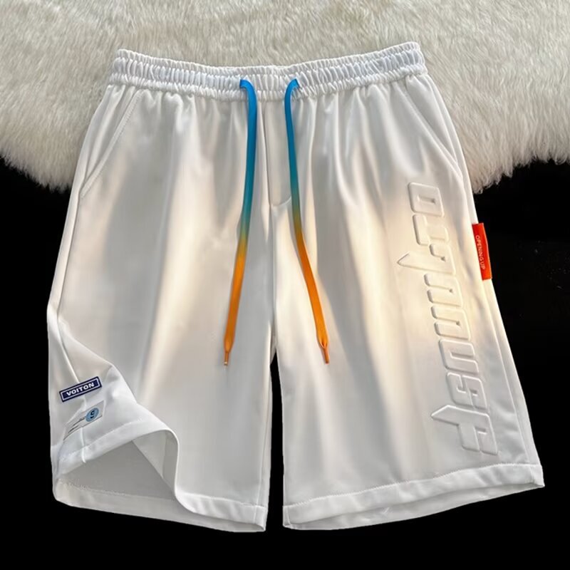 2024 American Basketball Pants Men's Summer Casual Straight Color Lace-up Pants Letter Steel Print Sports Shorts