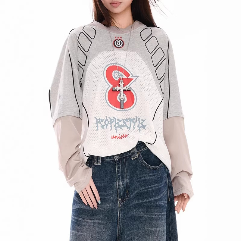 American Retro Jersey Style T-Shirt for Men, Spring and Autumn Quick-Dry Mesh Breathable Long-Sleeve Cycling Motorcycle Clothing, Long-Sleeve Trendy Women's Style