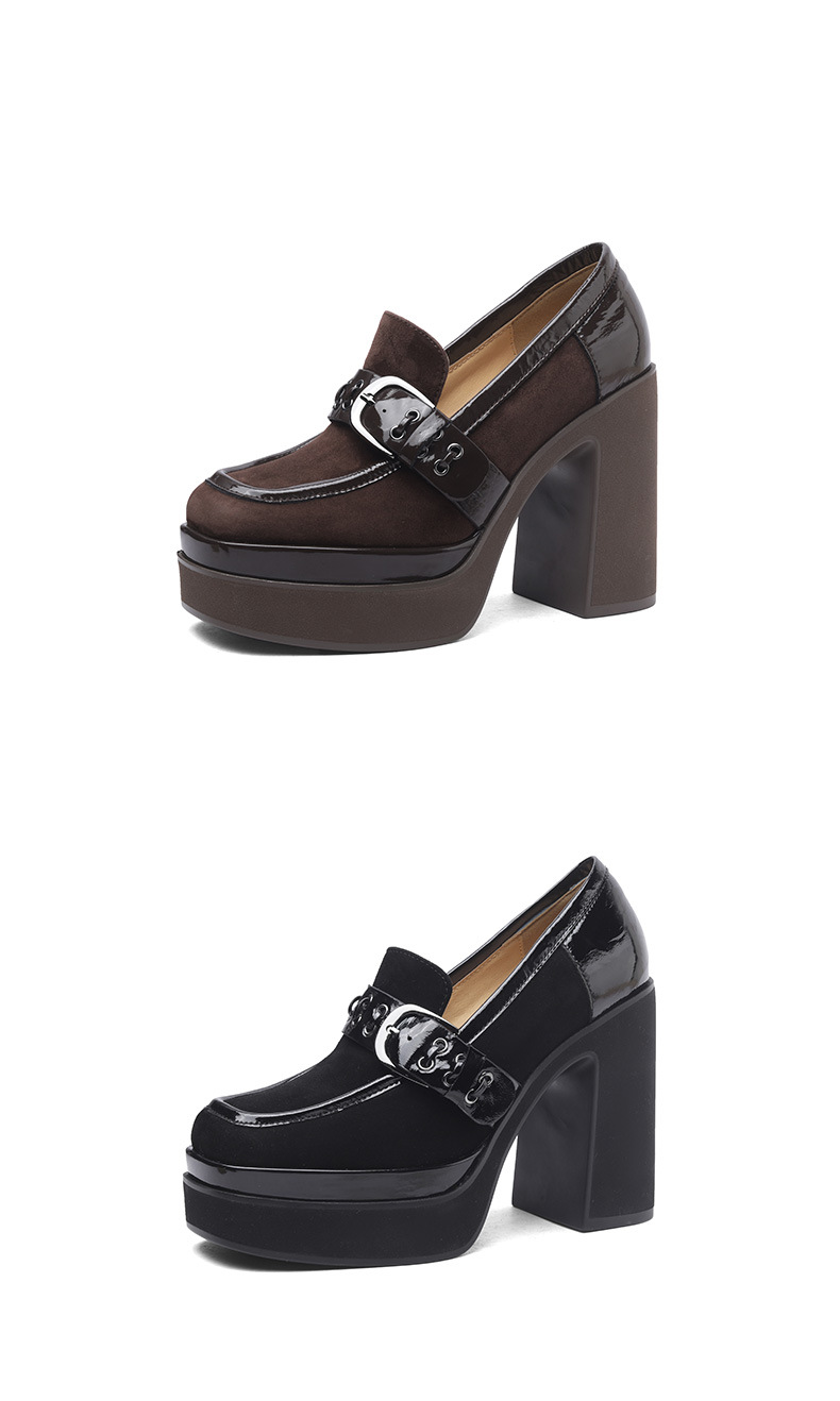 Giày loafer nữ gót vuông cao 12 cm, đế dày, khóa kim loại, phối màu — màu nâu, màu đen chi tiết 10