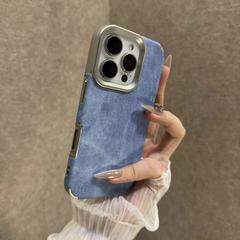 适用iPhone16PROMAX手机壳牛仔纹电镀大孔贴布苹果15防摔14保护套