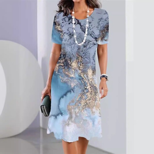 Ladies Round Neck Casual Western Short Sleeve Loose Everyday Versatile Plus Size Dress Fashion Dress