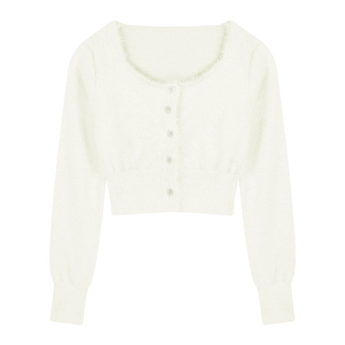 Long-sleeved square collar knitted cardigan women's autumn 2025 new high-waist base slim sweater short top
