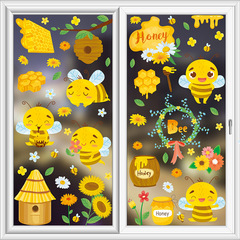 旅康CJ23006蜜蜂跨境窗戶玻璃裝飾蜂蜜罐貼紙雙面靜電貼添彩粘畫
