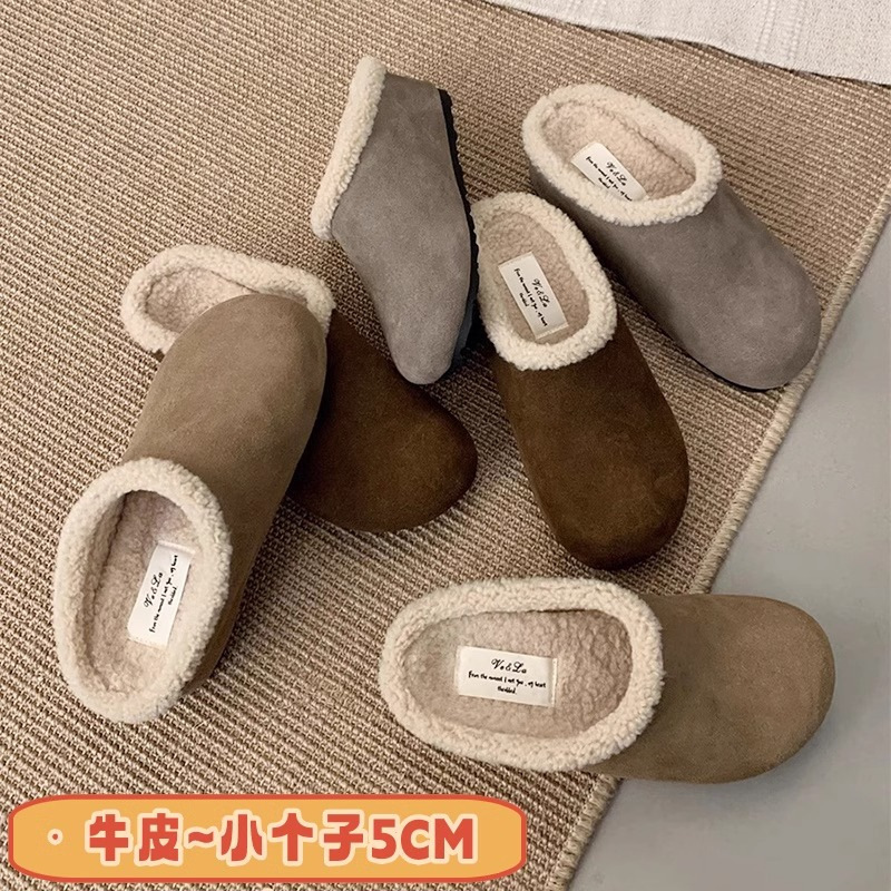 软皮版~厚底增高复古加绒勃肯鞋女外穿小个子一脚蹬包头保暖棉鞋|undefined