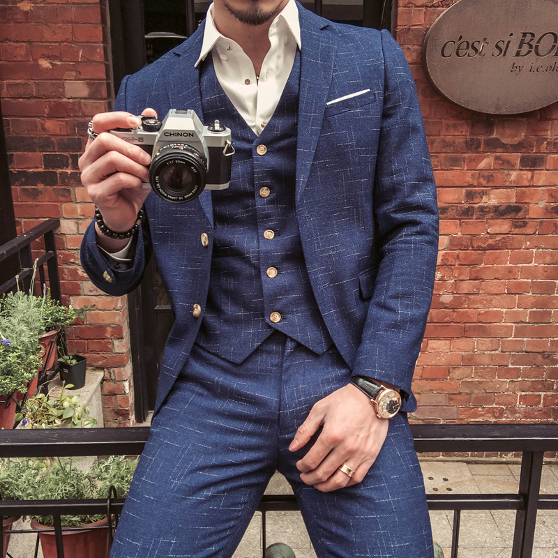 2023 Comercio exterior duro traje de los hombres traje de Arte Artístico tela delgada hombres doble hebilla traje de tres piezas XZ06