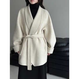 鹿西青果领系带双面80羊毛大衣女中长款冬季高级感毛呢外套D27181