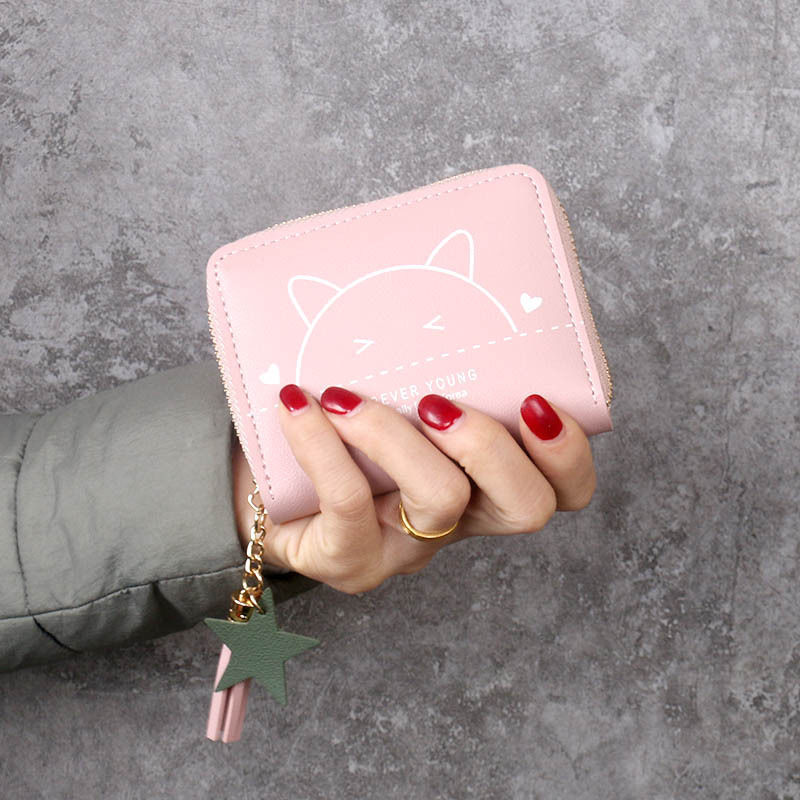 Cat-Themed Short Tassel Wallet for Women, Cute Student Coin Purse with Multiple Card Slots, Card Holder, Coin Bag, Girly Style