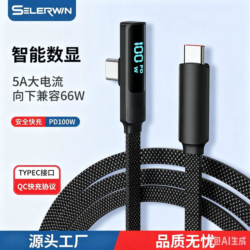 Dual Type-C Angled Digital Display Data Cable Pd100W Fast Charging Cable 5A Nylon Braided Compatible with 66W In-Stock Wholesale