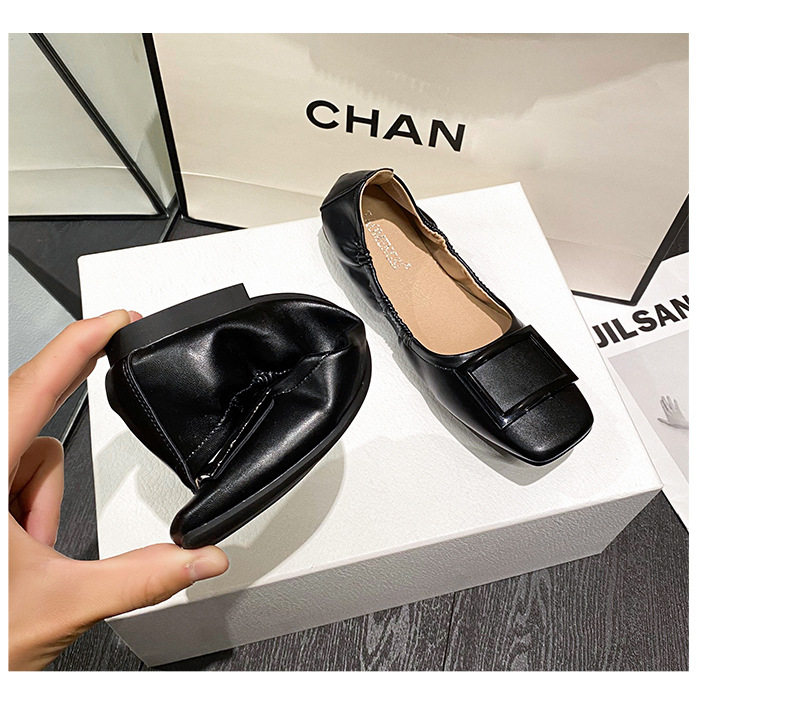 Giày búp bê nữ mũi vuông phối khóa vuông, quai thun mềm, đế bằng êm chân — Màu mơ, Màu đen chi tiết 24