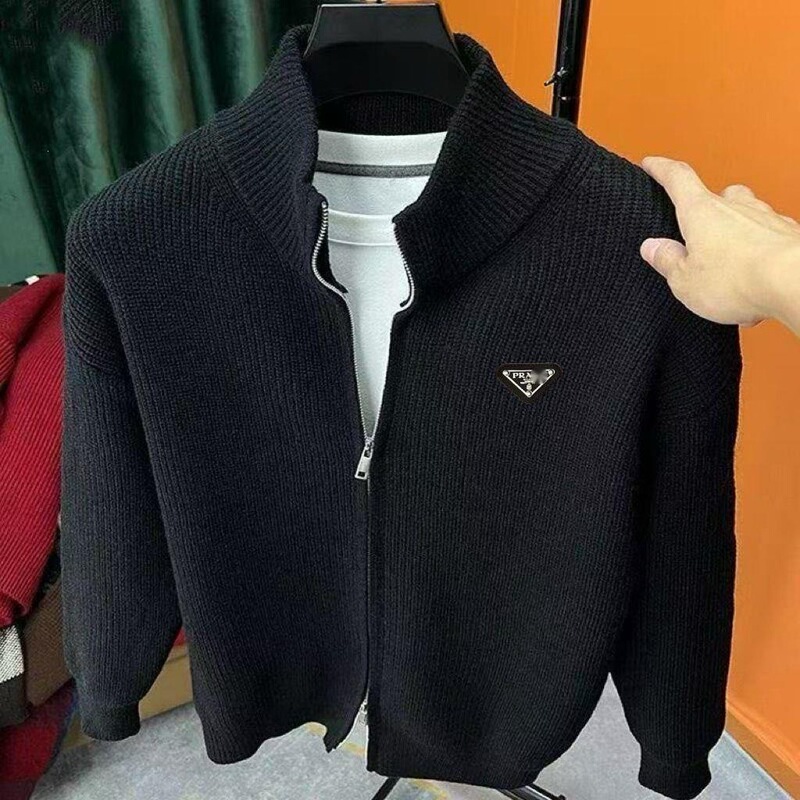 Three-Brand Cross-Border Popular Knit Sweater with Metallic Trendy Design, New Autumn and Winter Men's Style, Triangle Chest Logo, Round Neck Unisex Jacket
