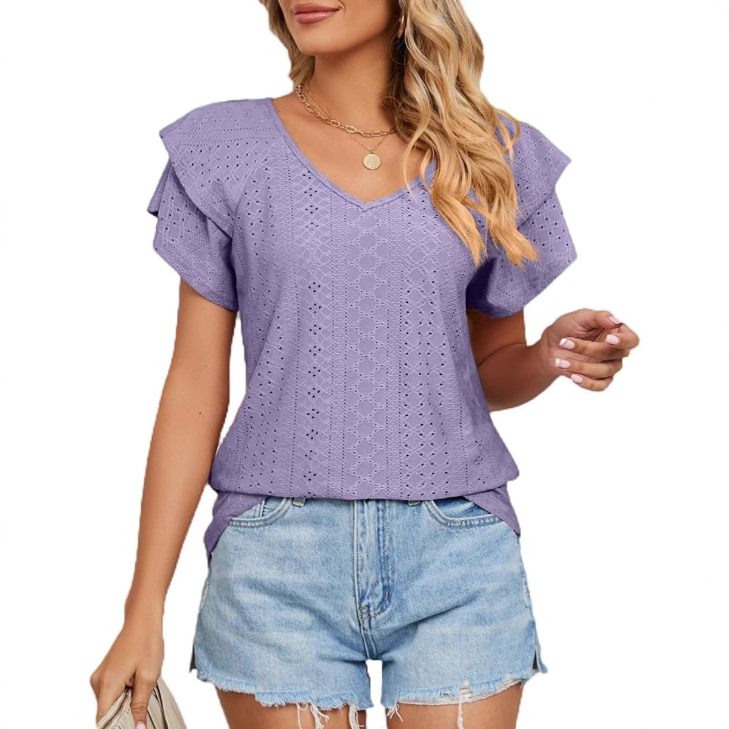 2025 transfronterizos Europa y América primavera y verano nuevo cuello hueco collar manga de hoja de loto camiseta de manga corta camiseta casual chaqueta de mujer