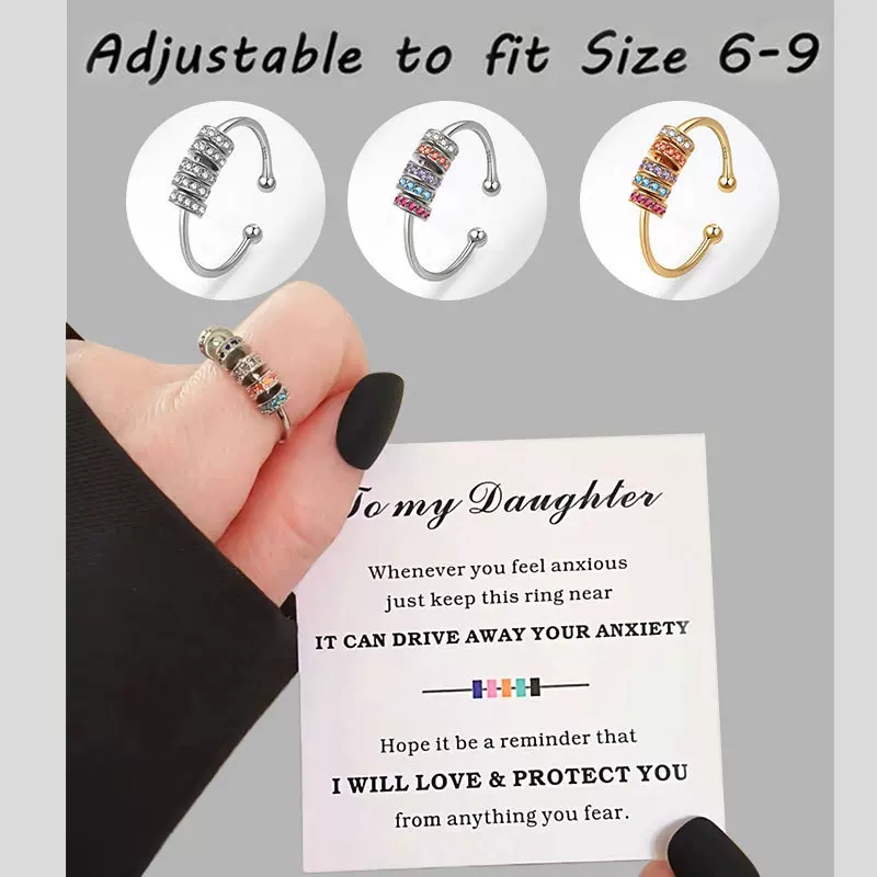 跨境亚马逊热款彩色旋转珠子解压抗焦虑戒指女旋转开口可调节戒指