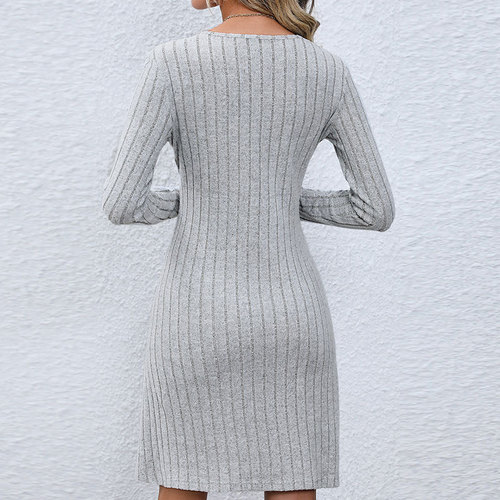 European and American women's knitted waist-defined long-sleeved slim-fit long dress—elegant European and American style